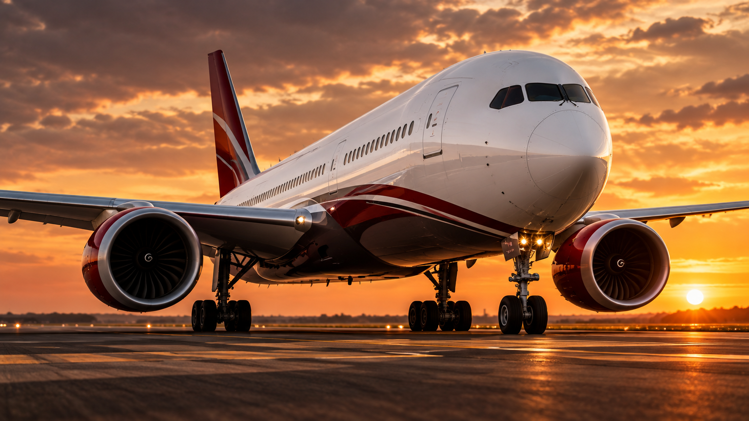 Avião na pista ao pôr do sol